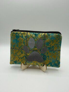 Homemade Blue & Gold Paw Print Embroidered Pouch